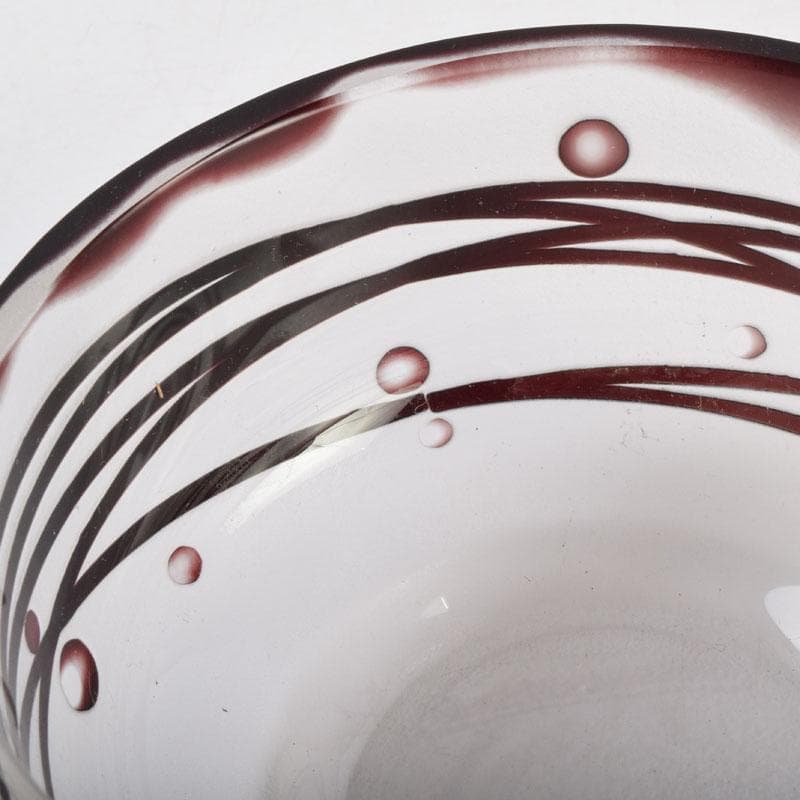 ガラス工芸　荒木良忠作　玻璃彫刻　銅赤流水文　菓子鉢　共箱　C　9187