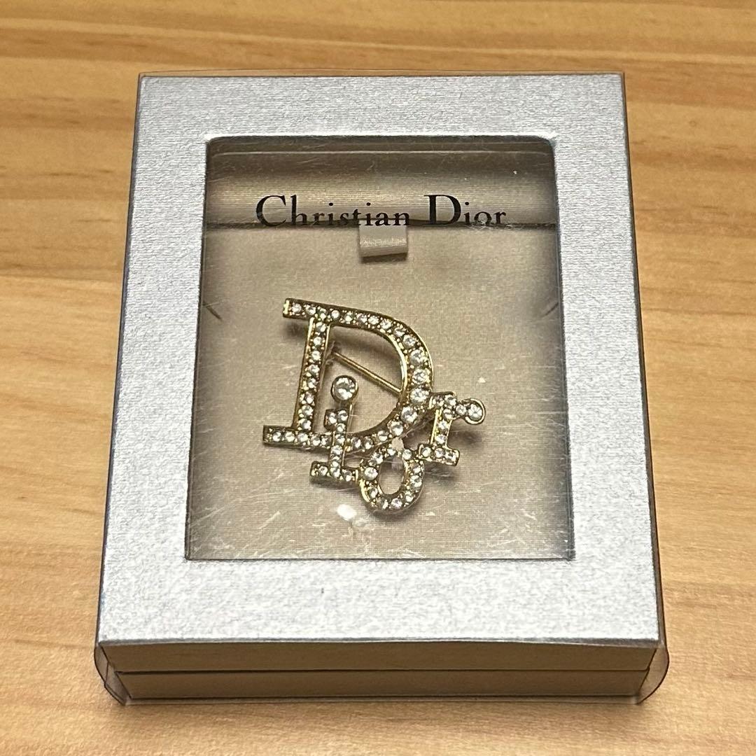 ChristianDior ロゴ ブローチ コサージュ ライトストーン ゴールド