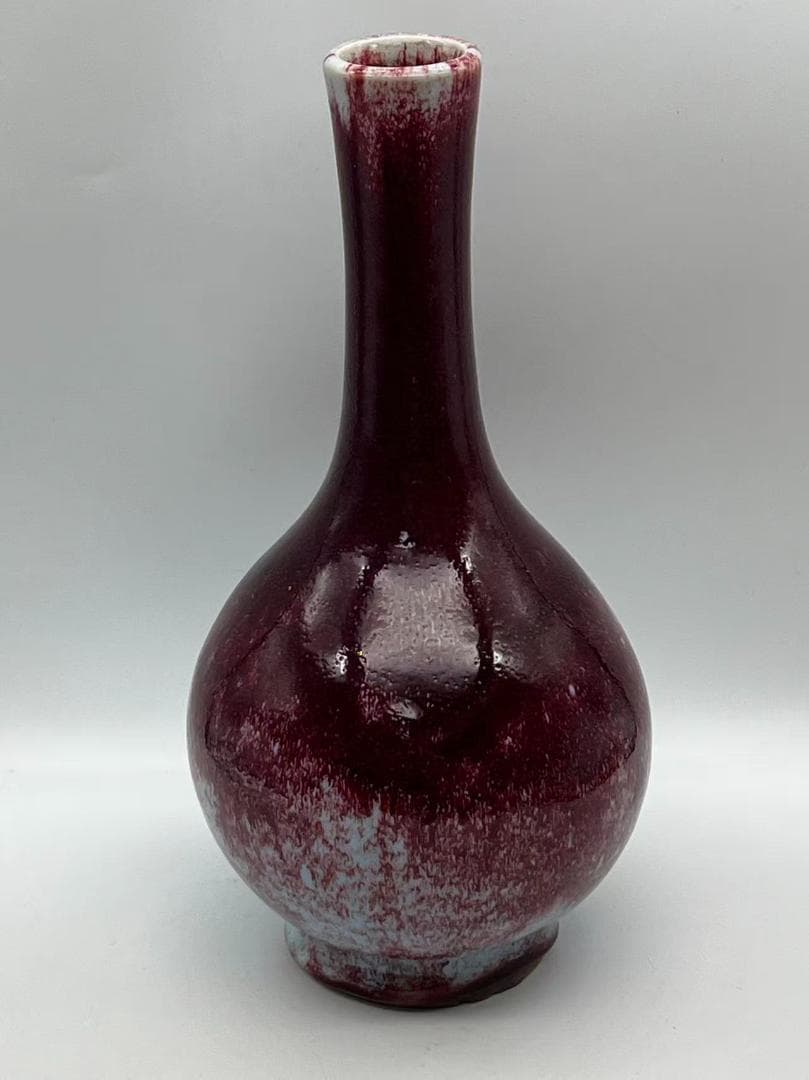 新中国八九十年代 天青釉紫斑長頸小瓶　「禹県鈞窯二場」銘入り(B-87)