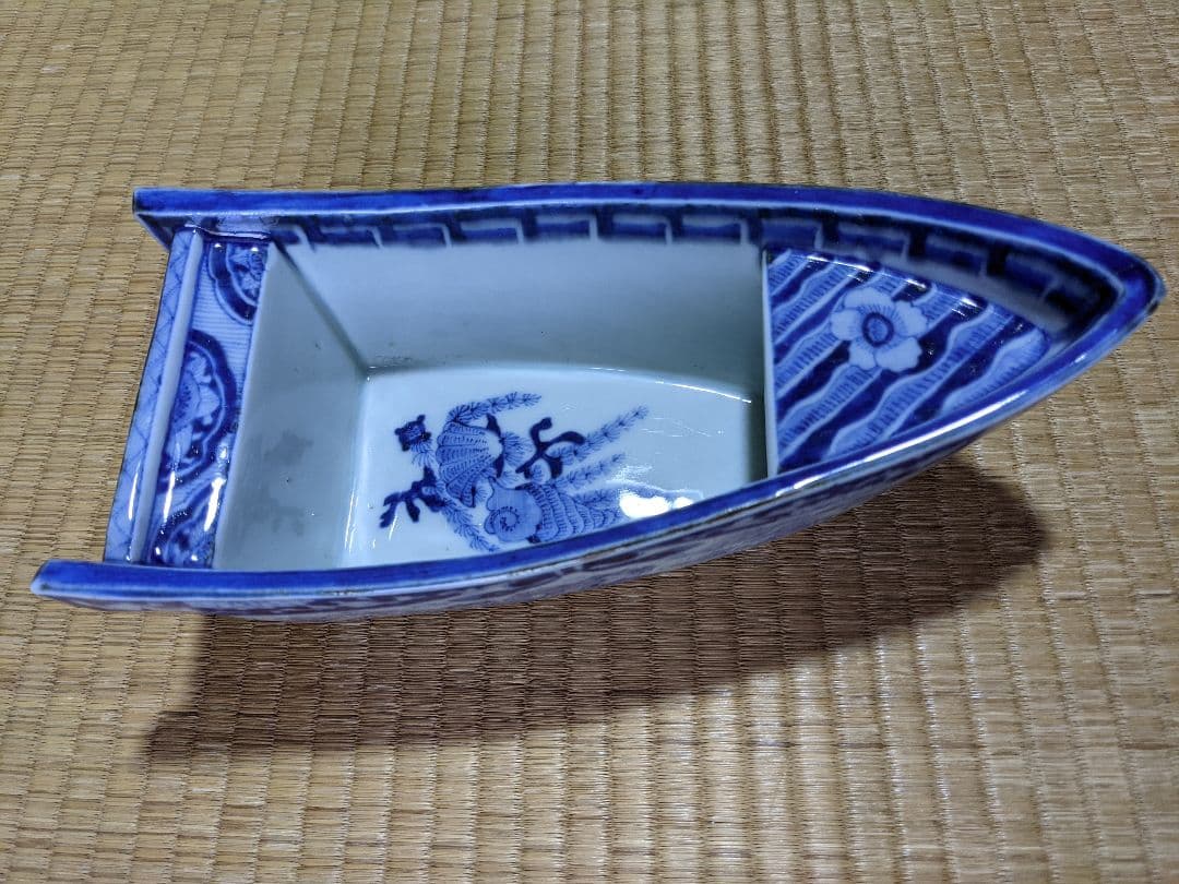 ♦江戸時代 瀬戸焼磁器 染付波千鳥貝尽くし紋 船 盃洗 骨董品 遺品少数レア物