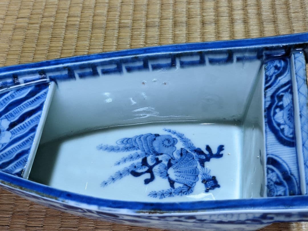♦江戸時代 瀬戸焼磁器 染付波千鳥貝尽くし紋 船 盃洗 骨董品 遺品少数レア物