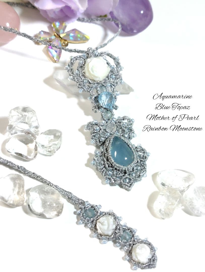 ☆アクアマリン　ブルートパーズ　レインボームーンストーンマクラメネックレス