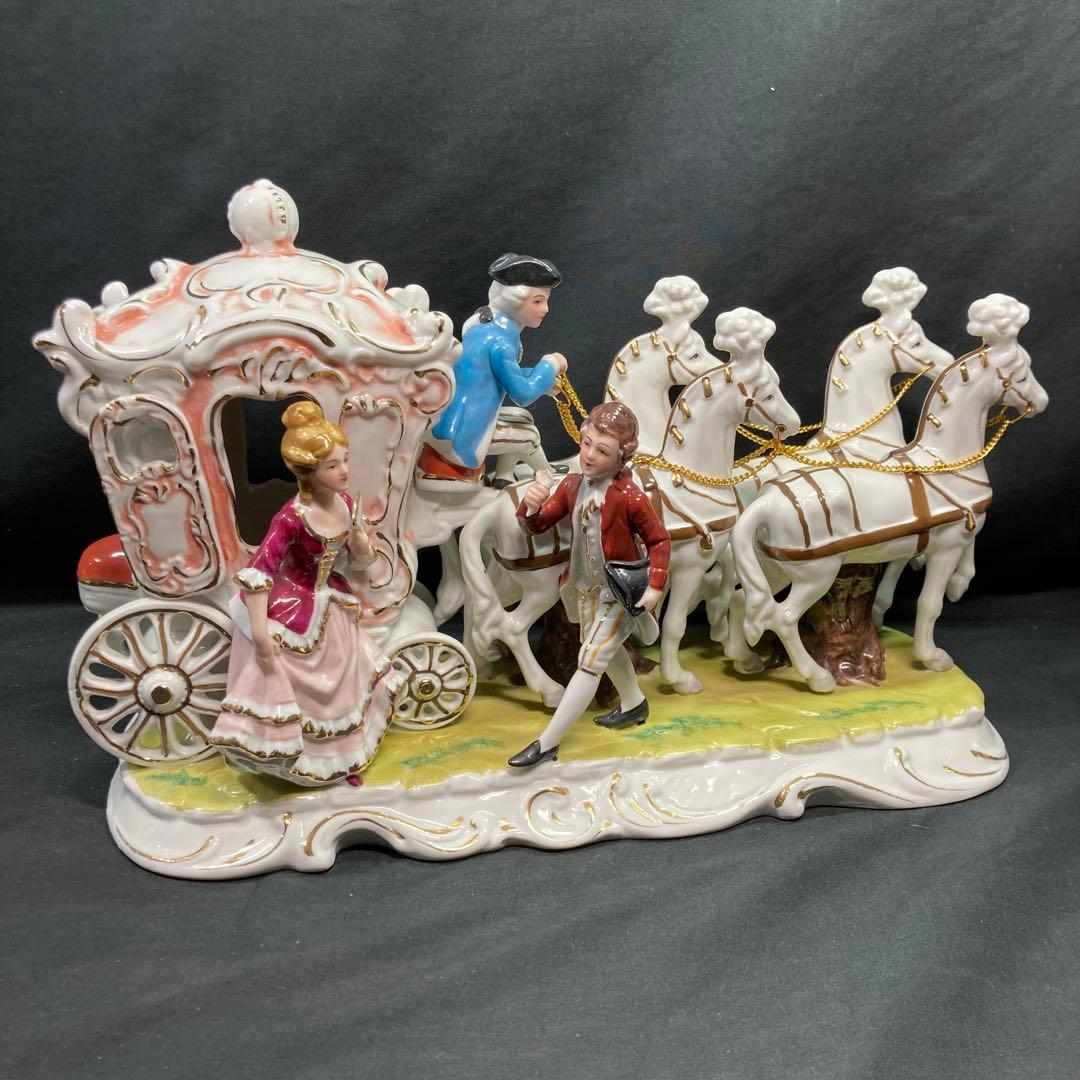 【美品】加藤工芸 4頭立て馬車 陶器置物 瀬戸マイセン