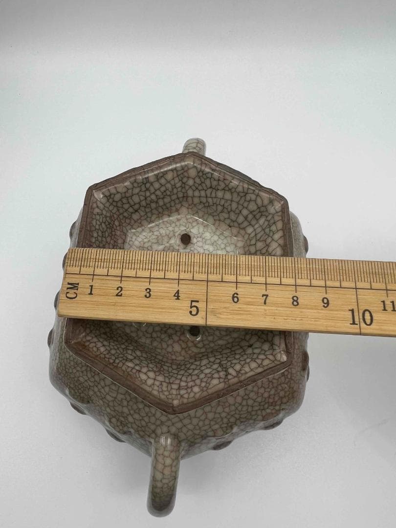 宋時代　青磁　汝官窯 氷裂紋 支釘焼き 双螭龍耳 鼓釘六方香炉(C-61)