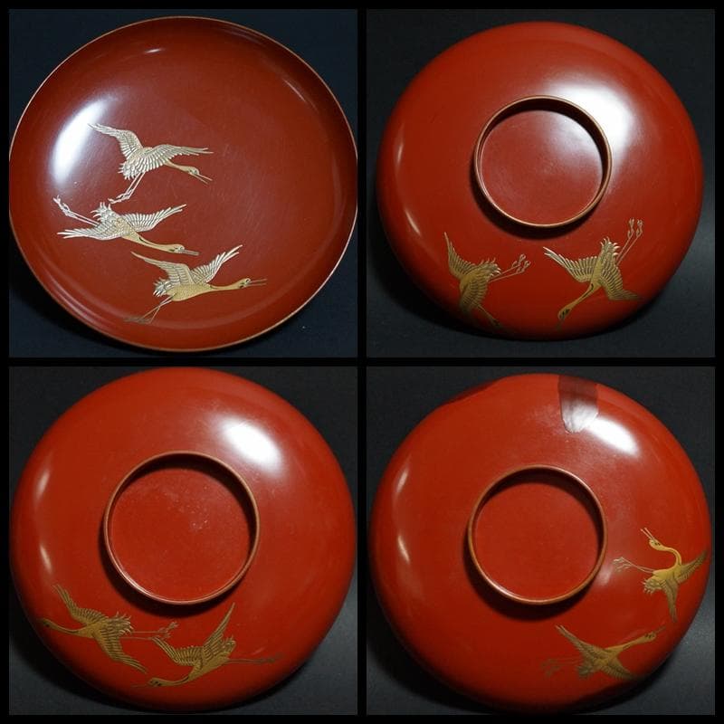 明治期 輪島塗 極上 金蒔絵『飛鶴』 盃台/三ツ組盃 揃 木製漆塗り 箱付時代物