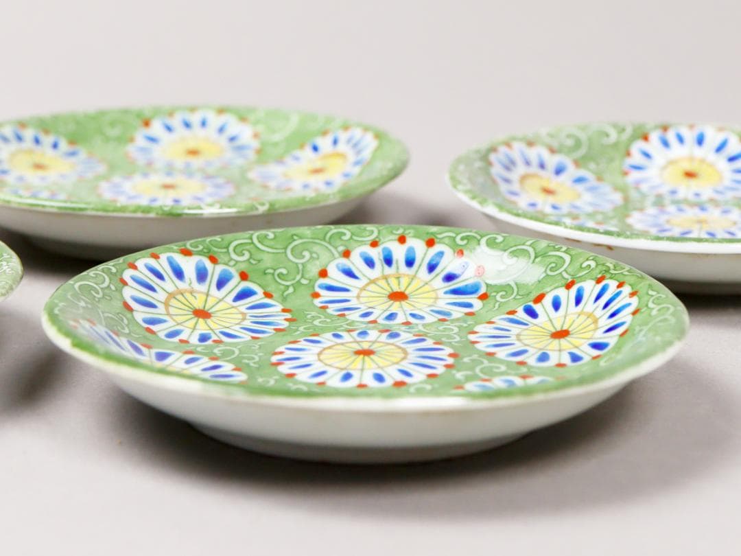 印判菊花緑 4寸皿 5客