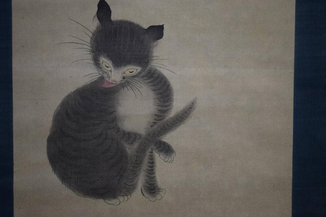 真作/瀬谷桐斎/明徳館/学長/猫画賛/布袋屋掛軸HH-88