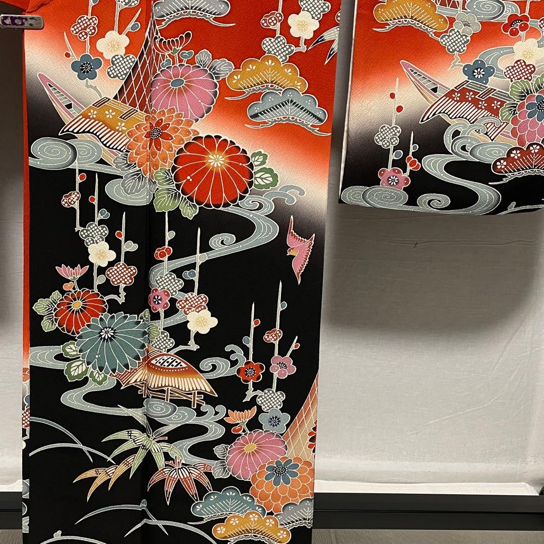 D796 振袖　紅型　正絹　着物　袷　極美品