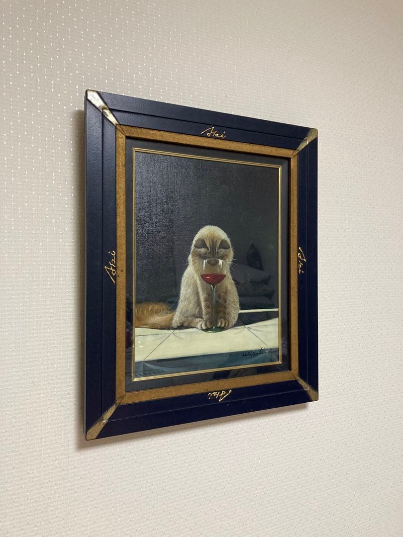 八代亜紀さんの絵画　猫とワインF6