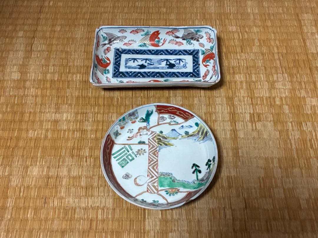 古伊万里 魚紋 風景図 色絵 長皿 丸皿 二点