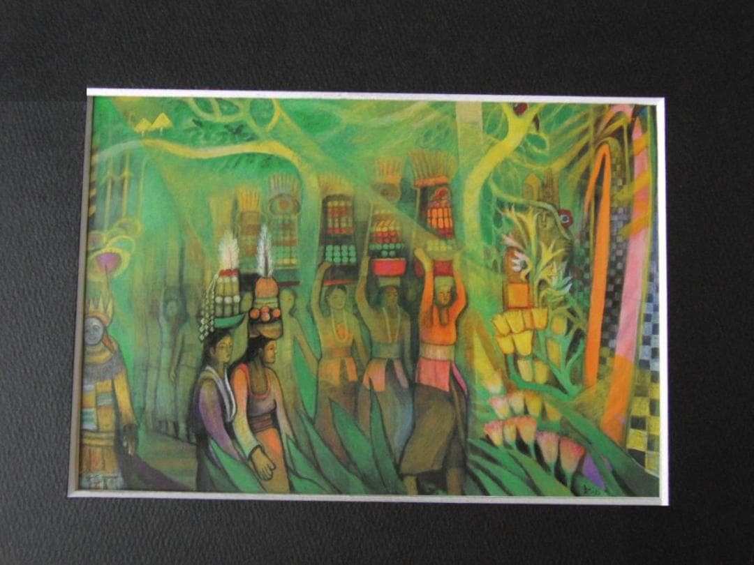 入江一子、【バリ・ガルガンまつりの日】、希少な額装用画集より、新品額装付