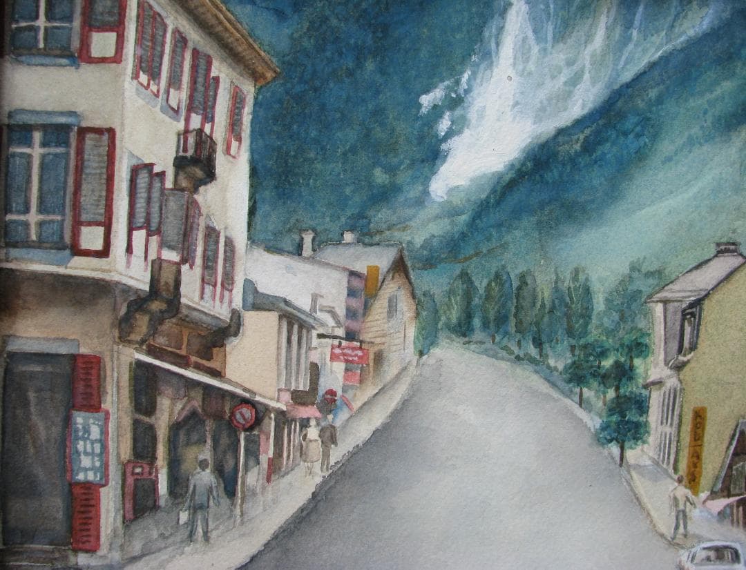 山崎数男「モンブランへアルプスの街」約6号水彩,郷愁のアルプス臨場感