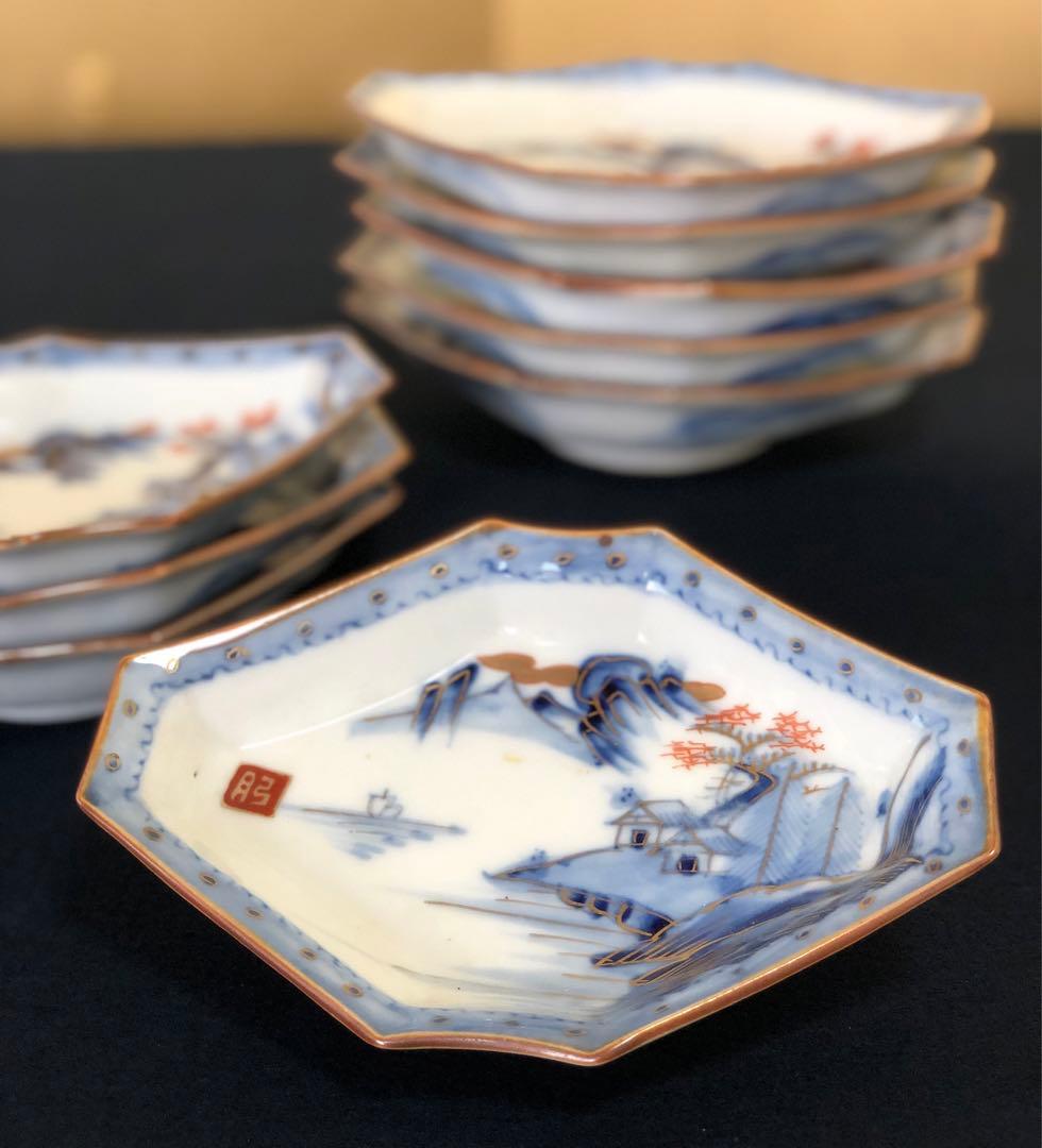 《R》伊万里 染付金彩 山水図 菱形皿9客 変形皿250714E2