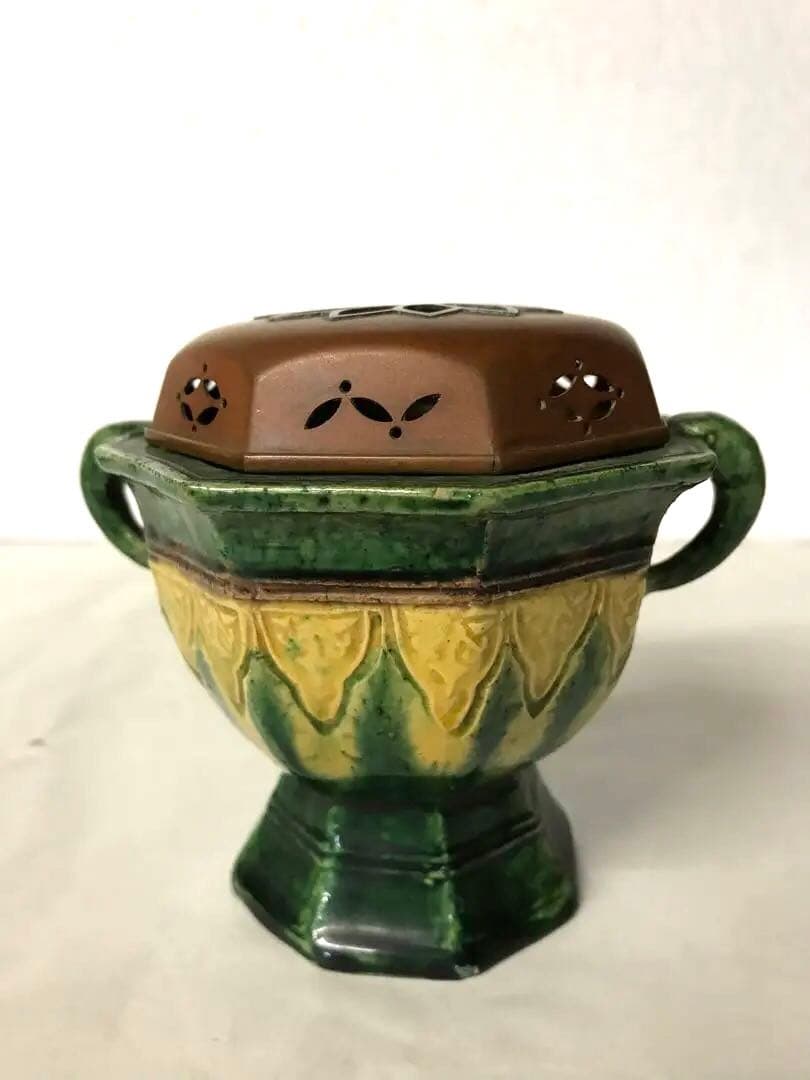 銅蓋付交趾焼香炉