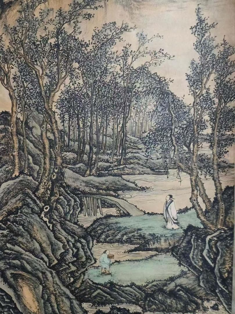 中国古美術 元代 黄公望作款 富春山居図 水墨画 宣紙 六尺山水中堂掛軸 肉筆