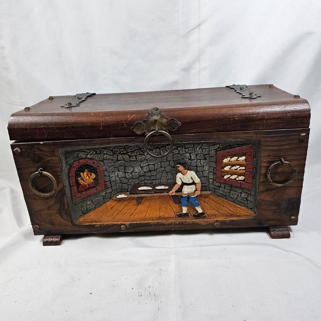 【一点物】パン職人 彫刻 木製 アンティークボックス 収納箱 ディスプレイ