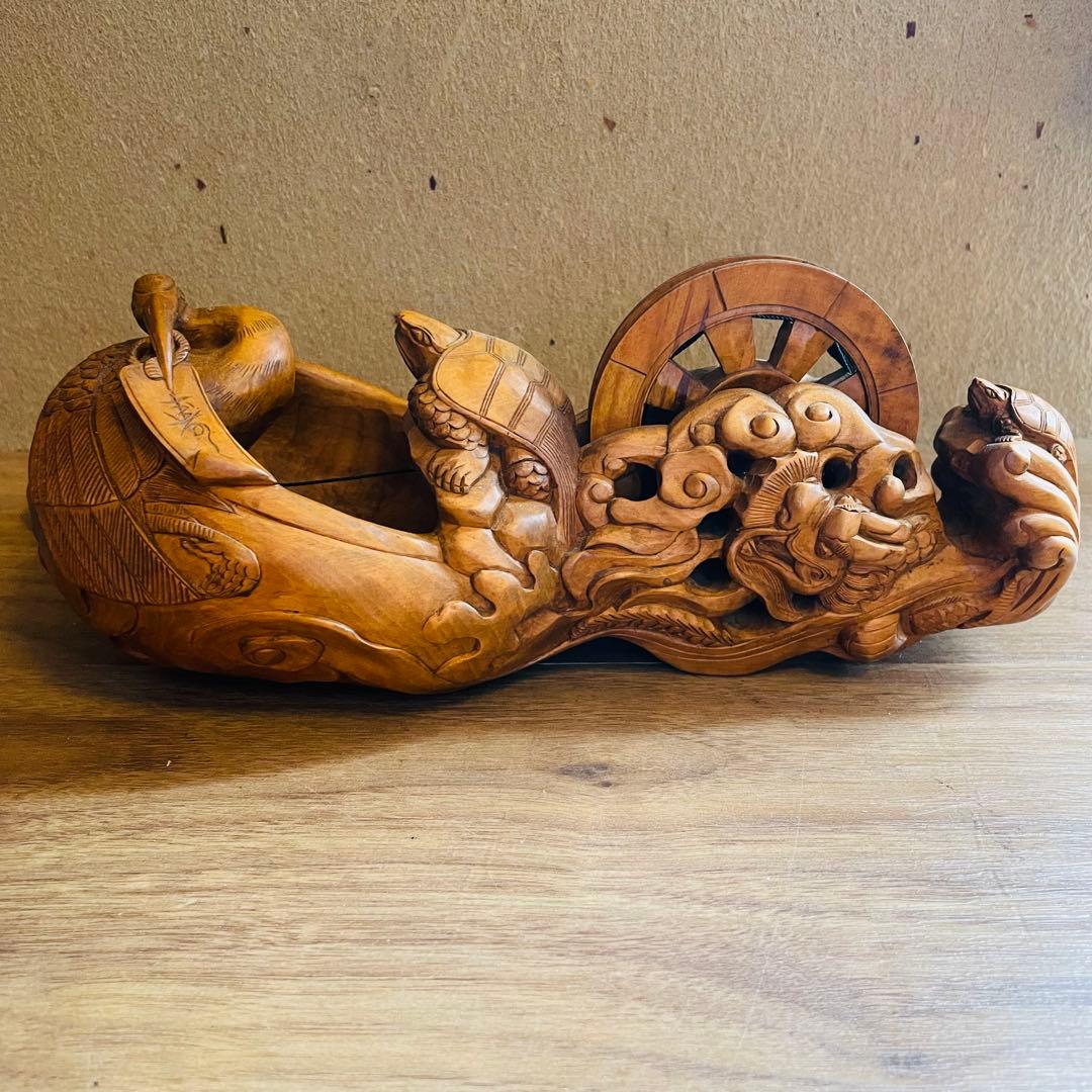 墨壺 墨つぼ 270mm 鶴 亀 龍 魚 寿 木彫 彫刻 大工道具 置物