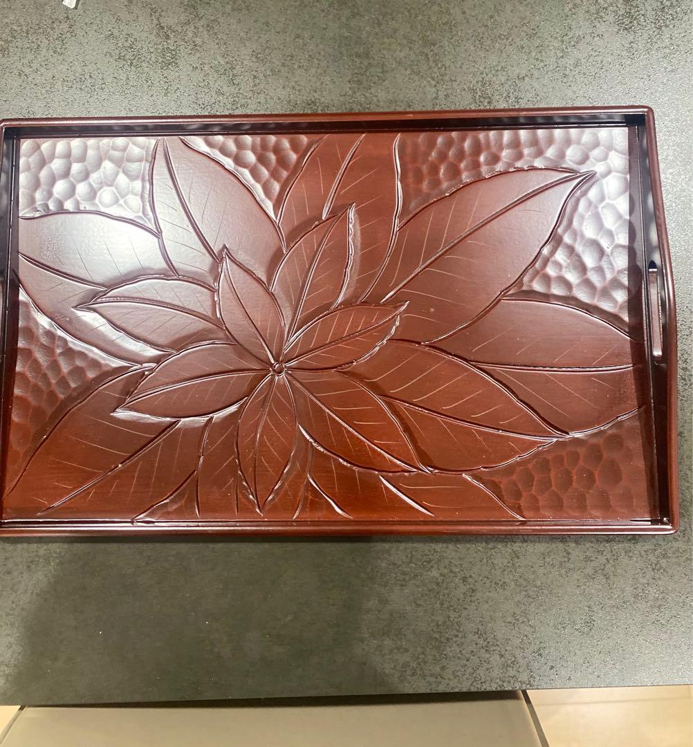 ２枚セット 鎌倉彫り トレー 木製 朱塗 重厚感 漆製 重箱 葉の彫刻