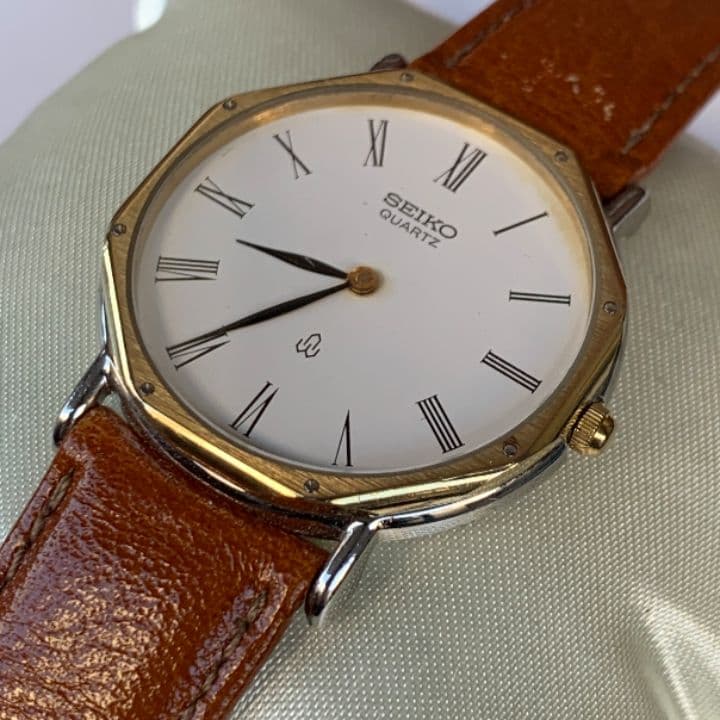極薄美品スイスセイコークォーツメンズ　★極希少スイスセイコーレザーベルト交換済み