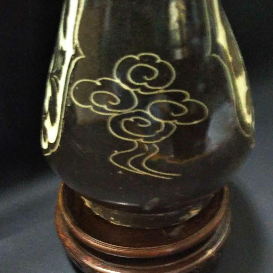 ※中国古美術/磁州窯黒釉蓮花紋披玳壺/