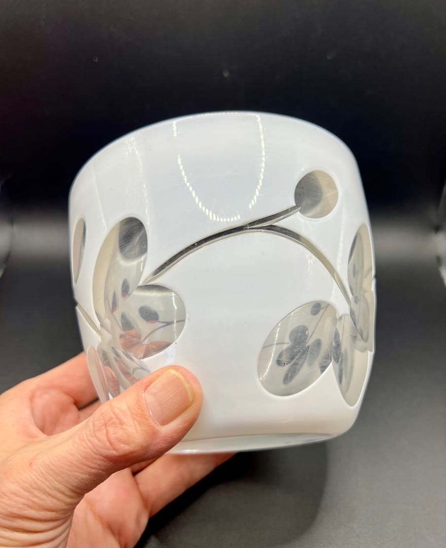 大正ロマン　白被せガラス　切子　盃洗　茶道具　ウランガラス　アンティーク　古道具