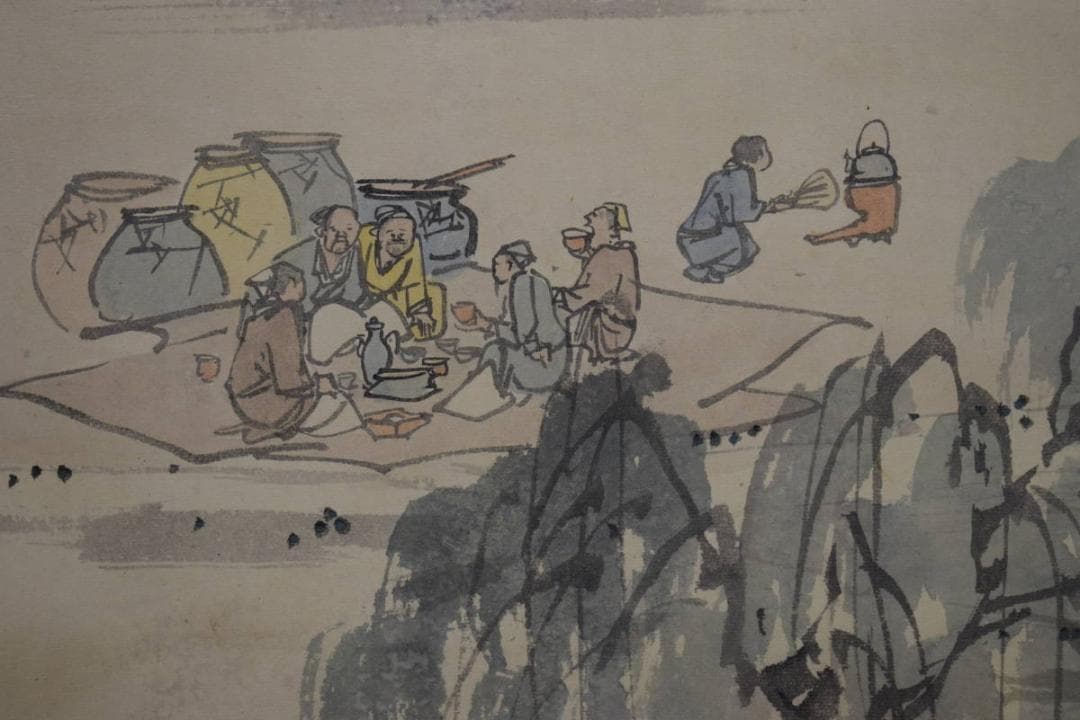 真作/景文/牛に人物宴図/農耕図/布袋屋掛軸HI-56