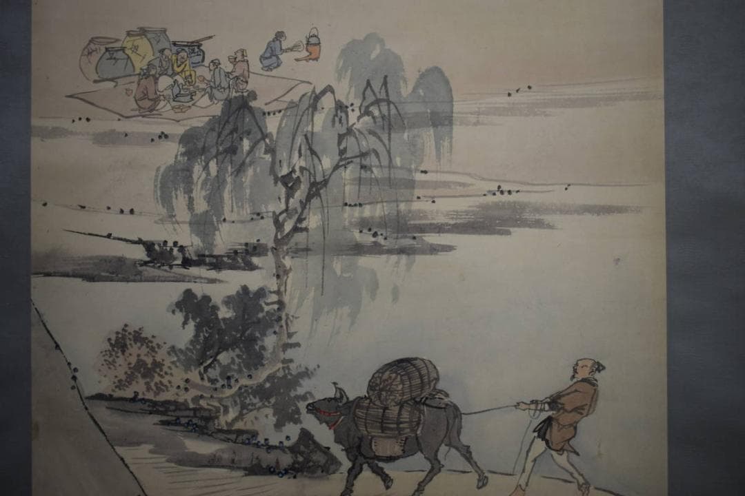 真作/景文/牛に人物宴図/農耕図/布袋屋掛軸HI-56