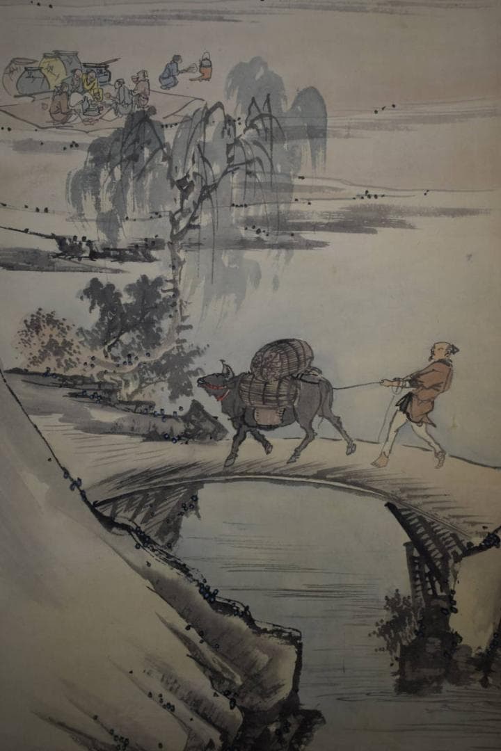 真作/景文/牛に人物宴図/農耕図/布袋屋掛軸HI-56