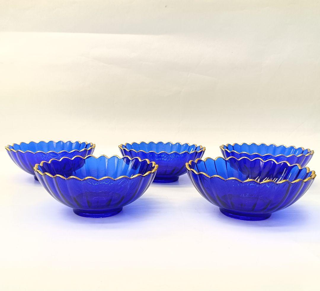 【保管品】天金 菊小判 のぞき 洗鉢 ルリ 瑠璃ガラス 各5客 箱入