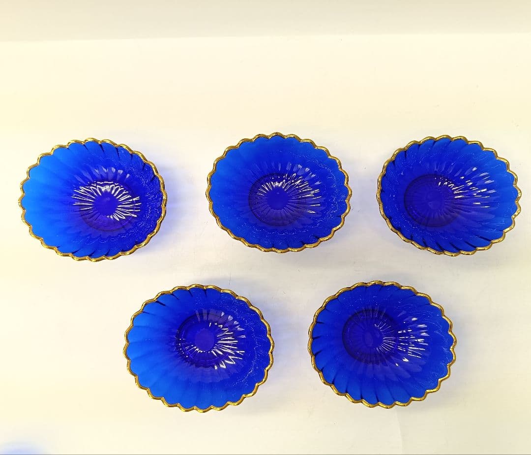 【保管品】天金 菊小判 のぞき 洗鉢 ルリ 瑠璃ガラス 各5客 箱入