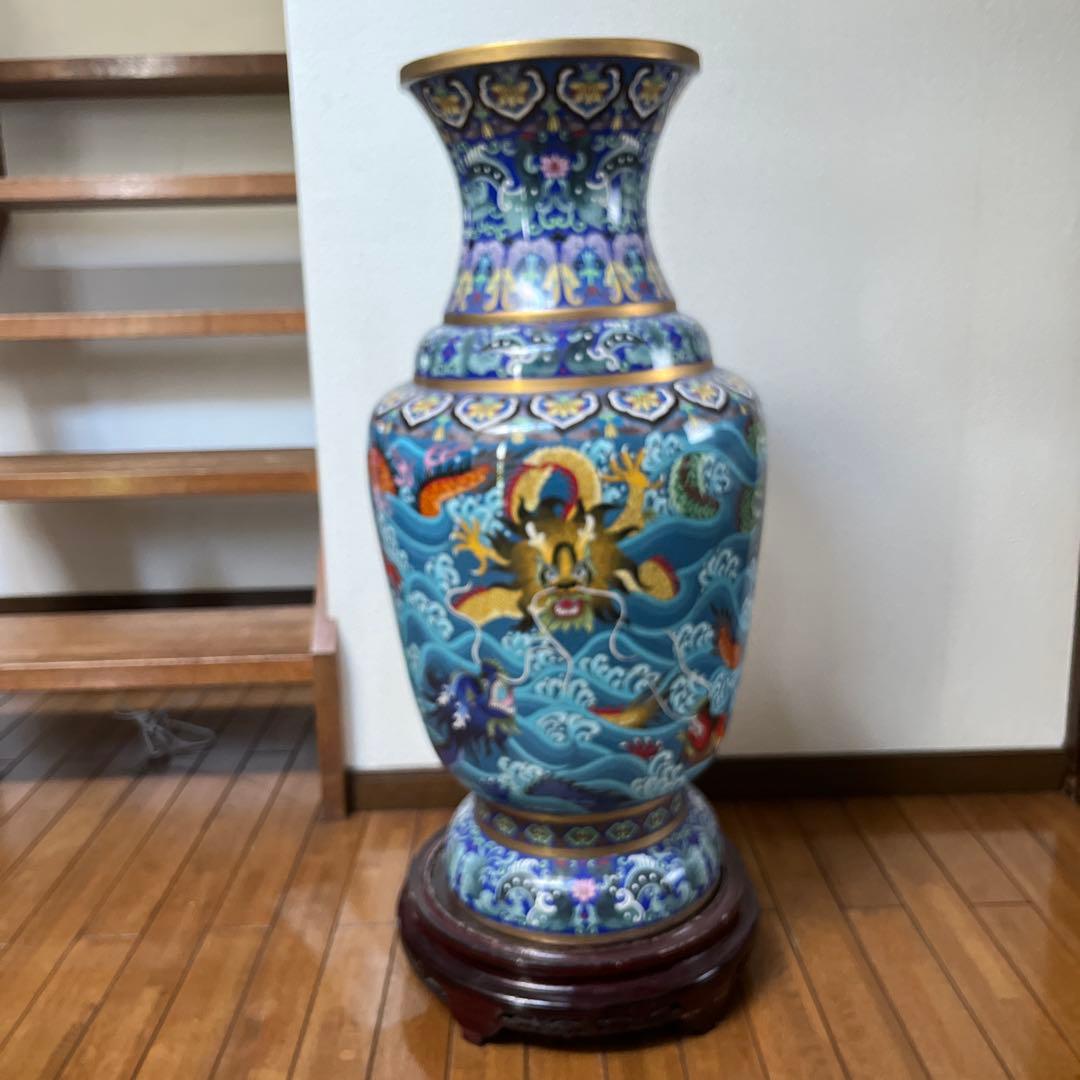 青色波模様ドラゴン陶器フラワーベース