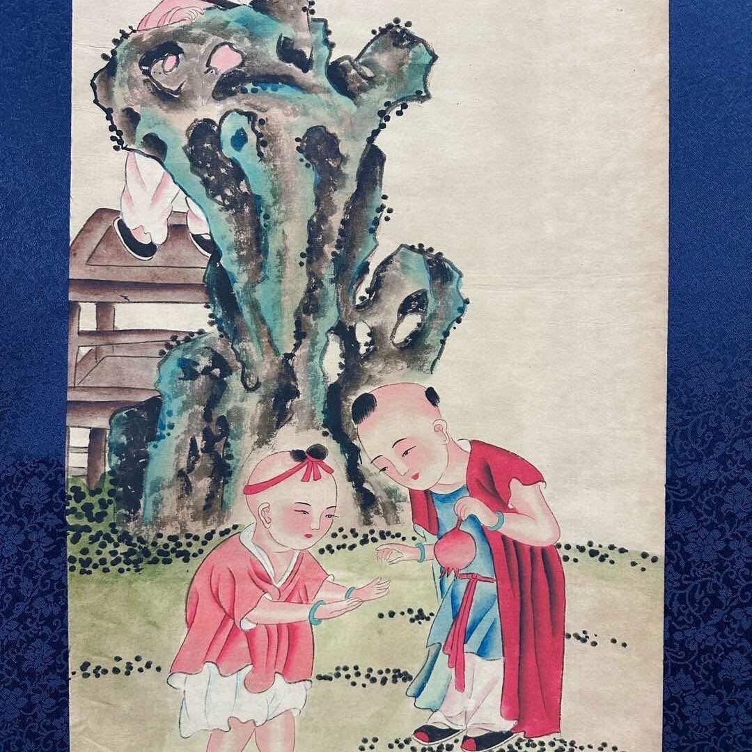 唐寅 童子図 四条屏 掛け軸 中国美術 絵画 書画 人物画 童戯図 インテリア