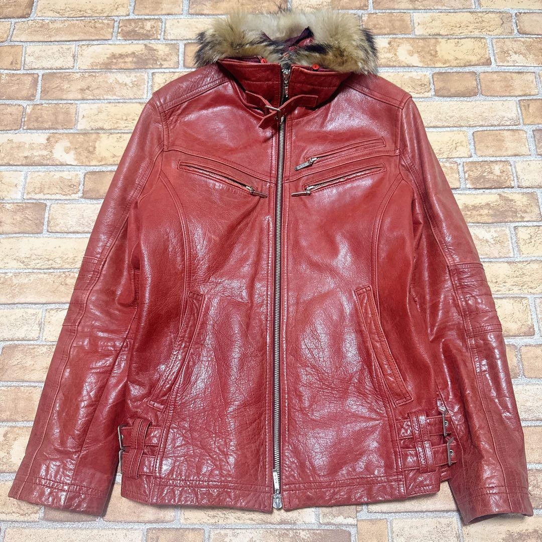 レザージャケット バッファロー 赤 ワインレッド ファー 50 XL Y2K
