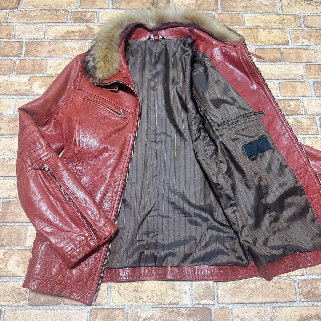 レザージャケット バッファロー 赤 ワインレッド ファー 50 XL Y2K