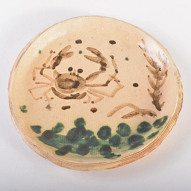 北大路魯山人作　織部　蟹絵　皿　時代箱付　V　R7715