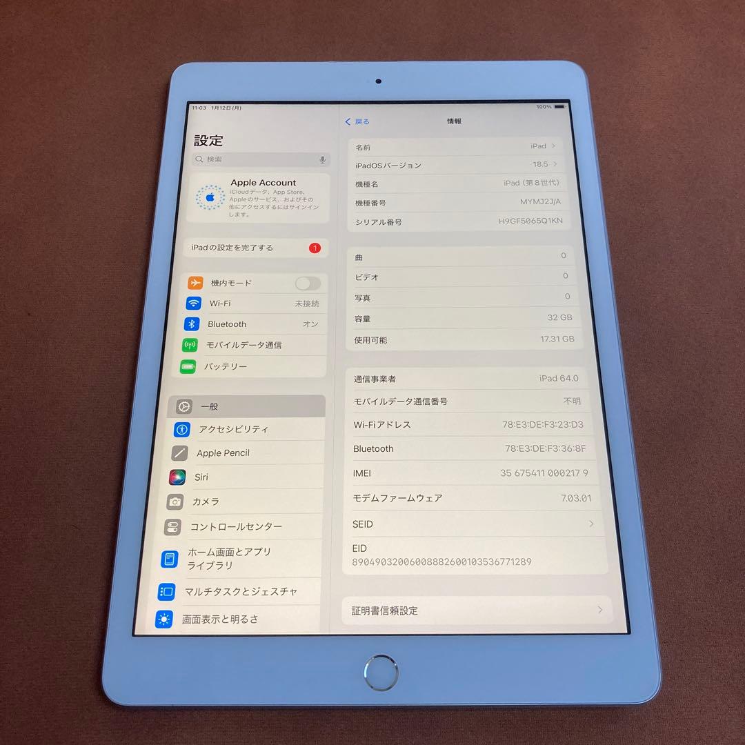 544【早い者勝ち】電池良好☆iPad8 第8世代 32GB SIMフリー☆