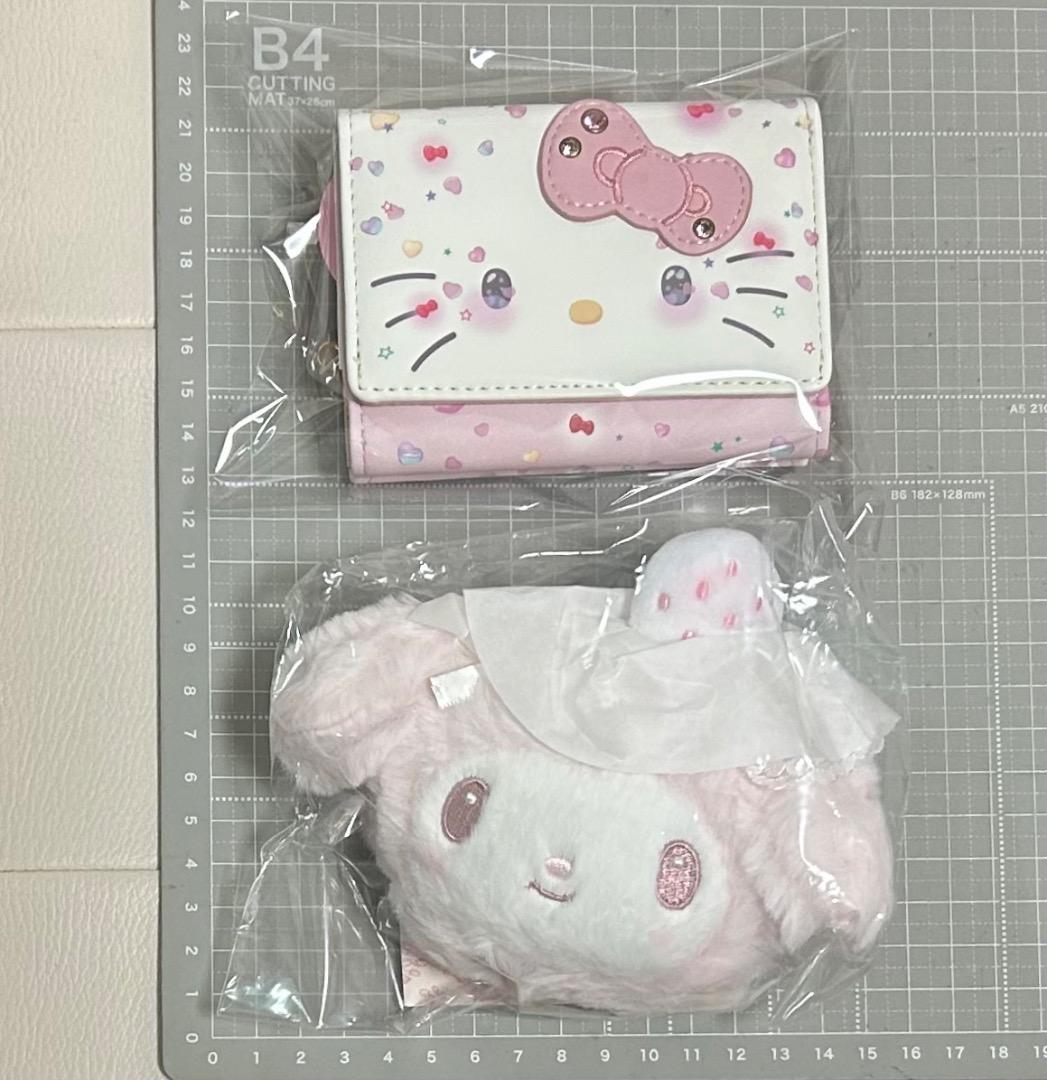 キティ50周年折り財布／　マイメロディ白いちごのティータイム　フェイス型ポーチ