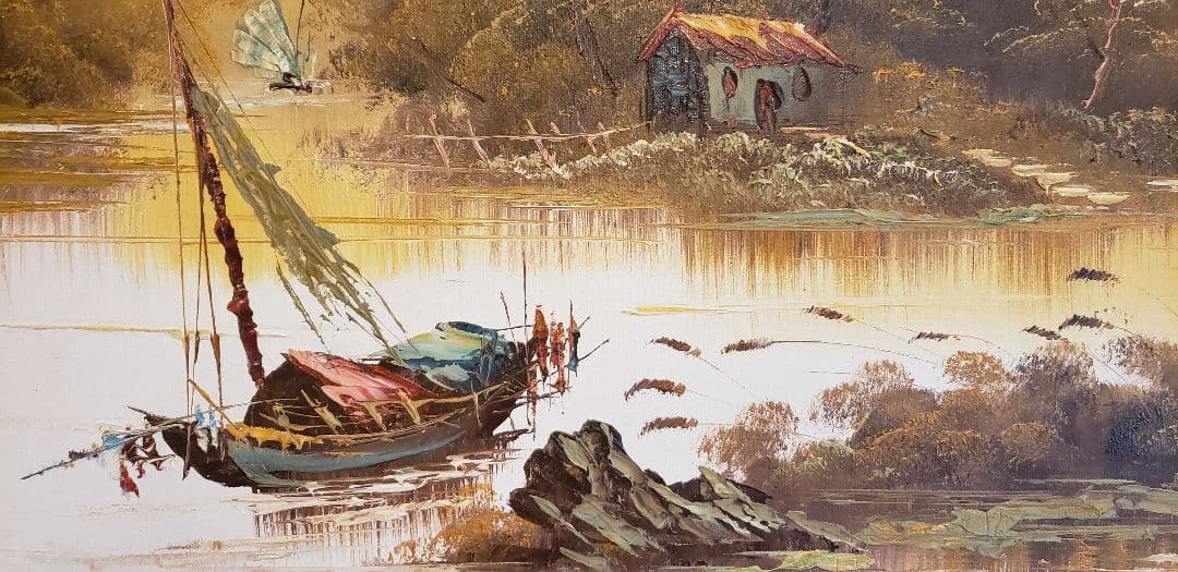 超大型油絵　高級額装飾　45年前香港の高級画廊で購入　137×78cm