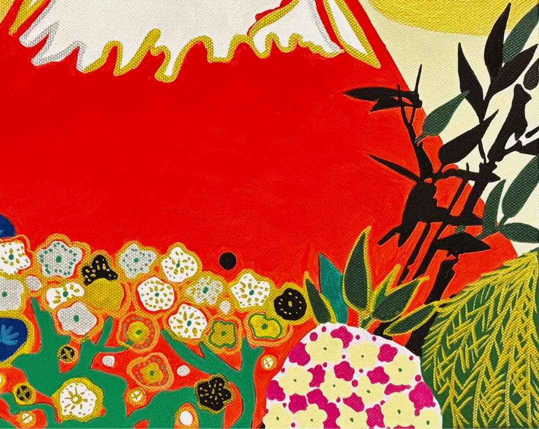 【F4号】手描き油彩　片岡球子【めでたき富士】　額縁　未使用額　赤富士　サイン