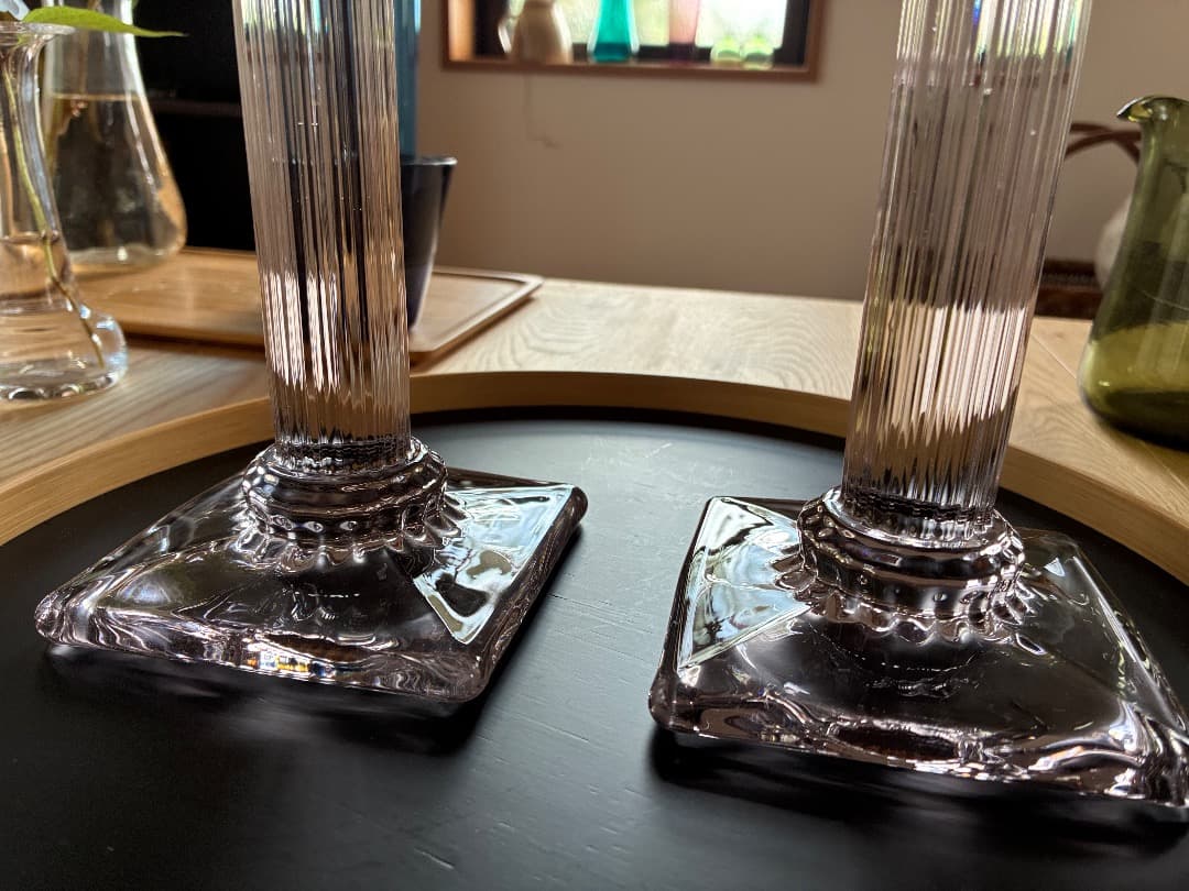 英国アンティーク　ガラス燭台ペア　キャンドルスタンド