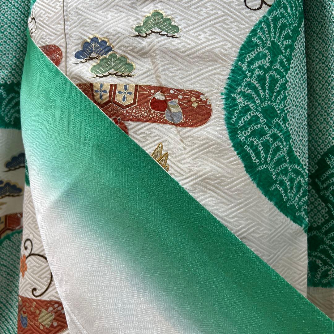 461 振袖フルセット 正絹 緑 グリーン 絞り 金彩 駒刺繍 やまと レトロ