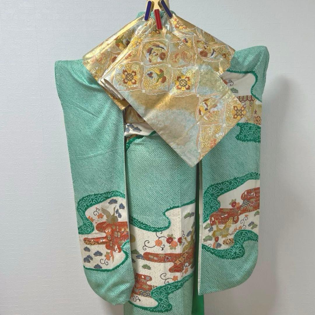 461 振袖フルセット 正絹 緑 グリーン 絞り 金彩 駒刺繍 やまと レトロ