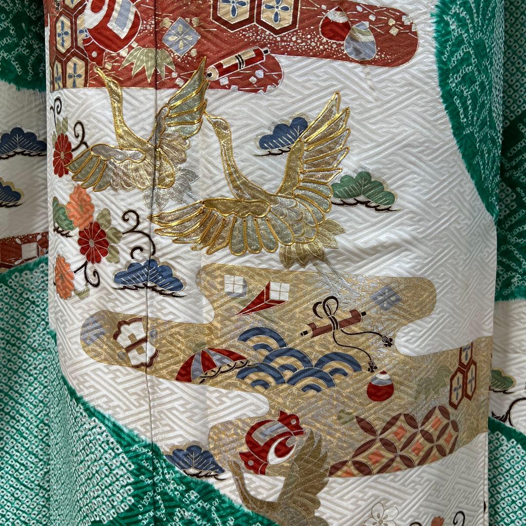 461 振袖フルセット 正絹 緑 グリーン 絞り 金彩 駒刺繍 やまと レトロ