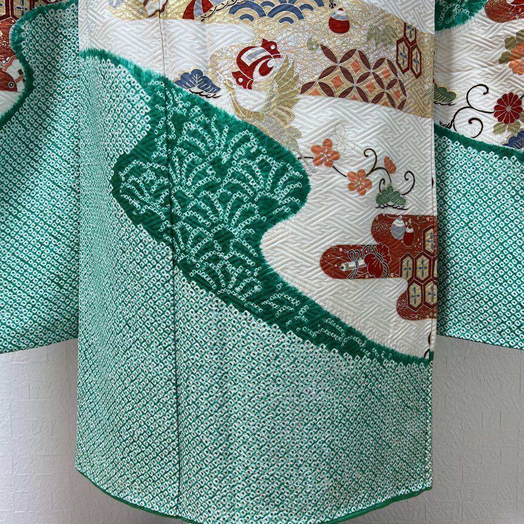461 振袖フルセット 正絹 緑 グリーン 絞り 金彩 駒刺繍 やまと レトロ