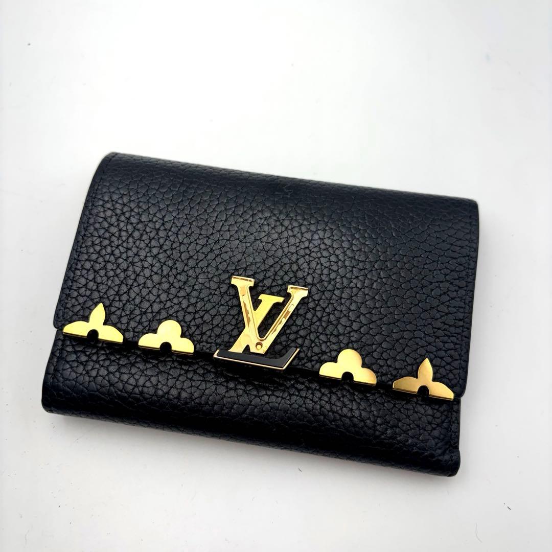 【美品】ルイヴィトン カプシーヌ コンパクト 3つ折り財布 フラワー ブラック
