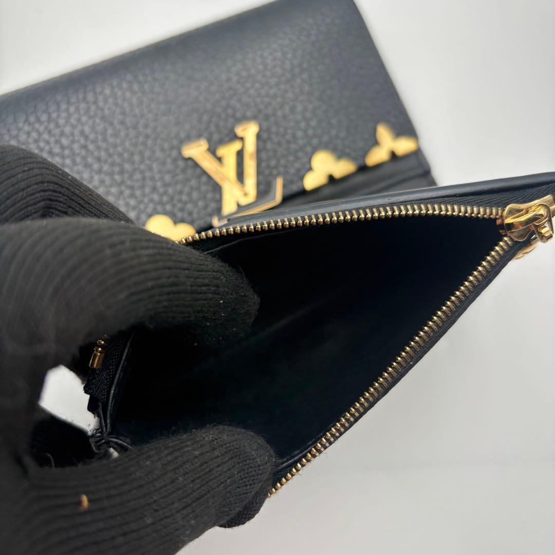 【美品】ルイヴィトン カプシーヌ コンパクト 3つ折り財布 フラワー ブラック