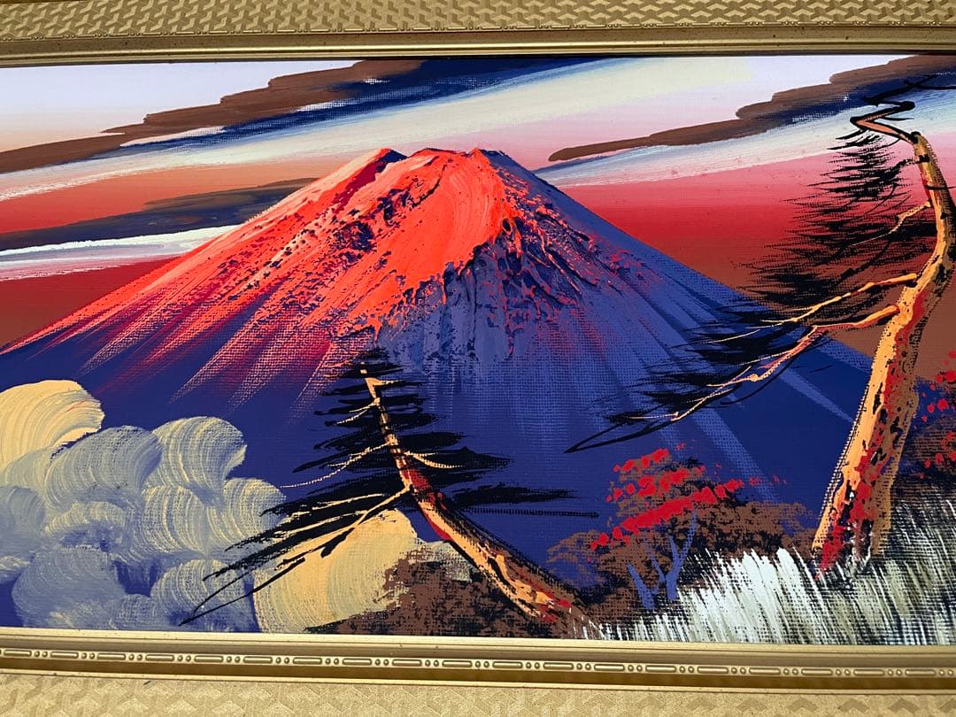 赤富士 肉筆 特製 立体 絵画 富士山 油彩画 額 縁起物 アート　洗月