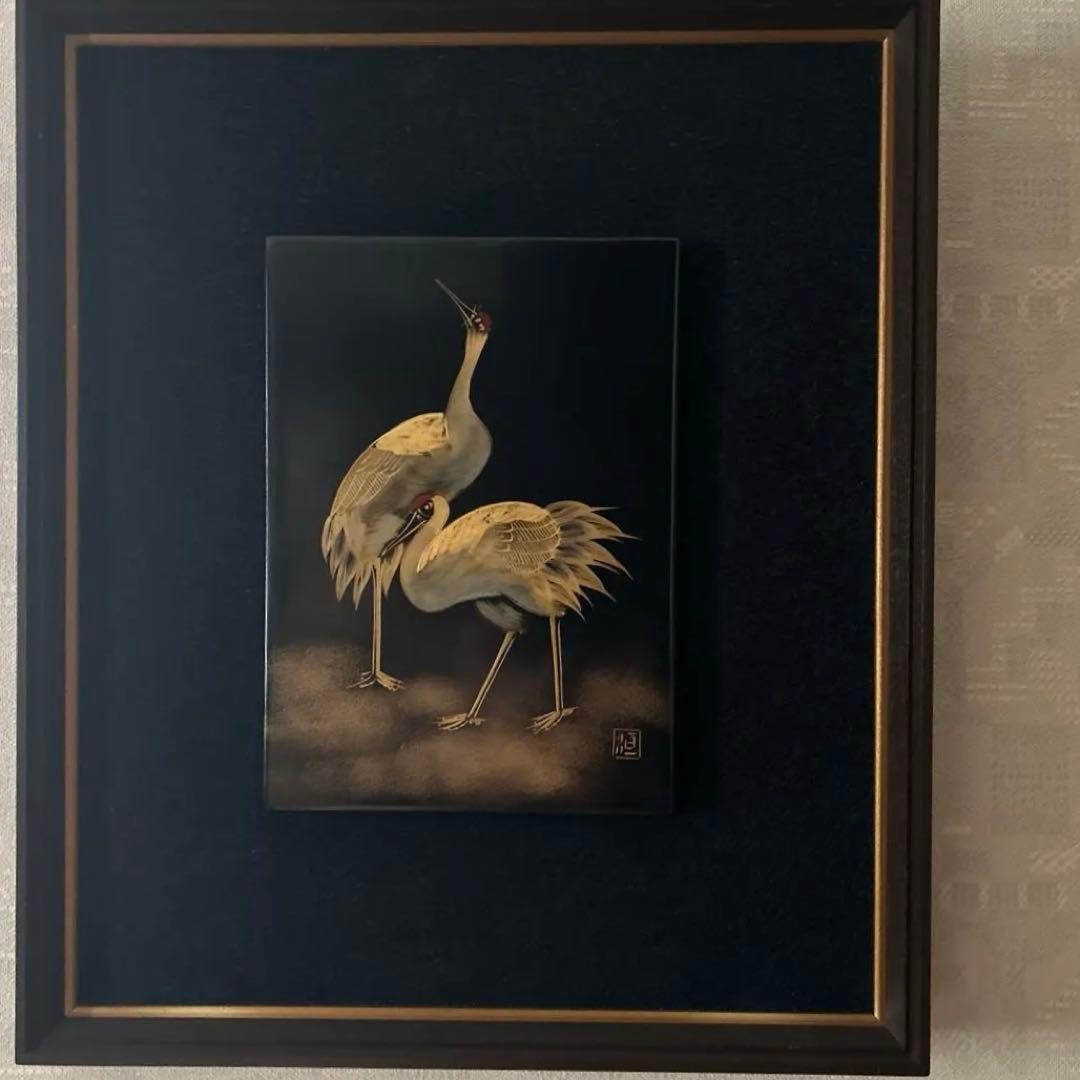 日本画 鶴 絵画 木製フレーム付き　輪島塗