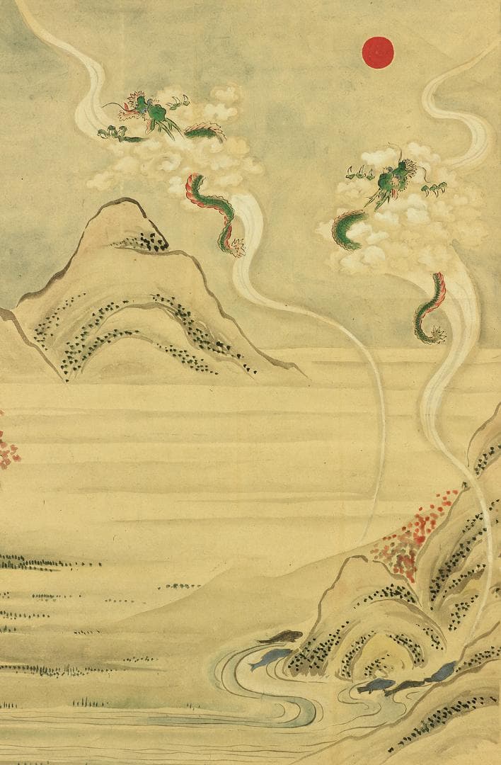 無落款 夢相図 掛軸 肉筆 紙本 龍 鯉 月 旭 鳥居 神社 風景