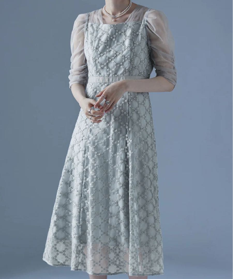 Floral diagonal check flare dress グレー